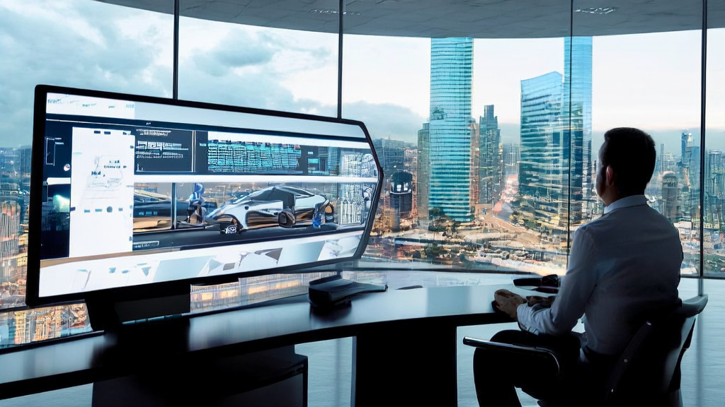 A future office where an export salesperson uses AI email polishing tools to handle emails from global clients, with the background showing Tesla Robotaxi testing scenes.