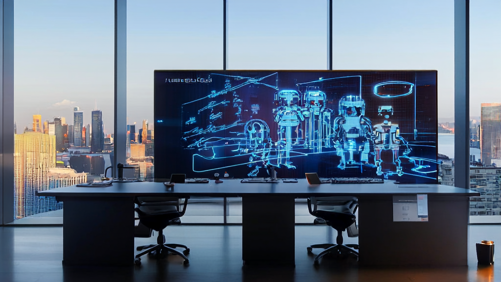 现代化外贸企业办公室中，智能机器人与员工协作，利用GPT-5模型进行精准获客数据分析