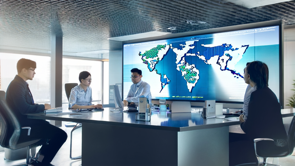 A modern office where a young team uses AI technology for export email marketing analysis