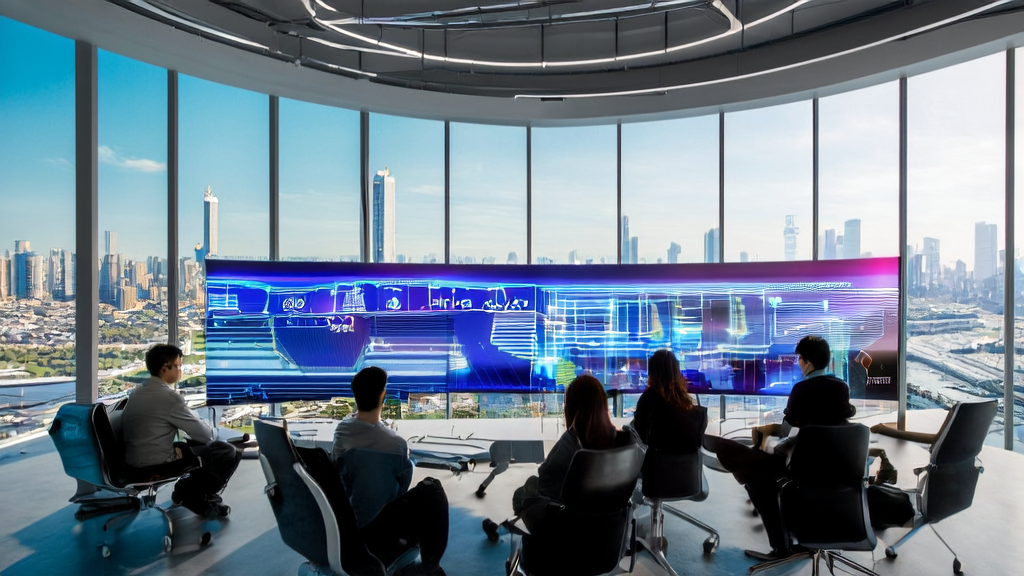 In a futuristic office, entrepreneurs are using AI prediction models to screen high-quality customers, marking a new era of AI-driven customer acquisition.