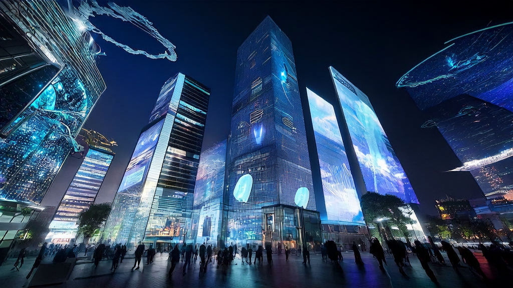 In the futuristic city skyline, data scientists use AI technology for precise customer acquisition and efficient advertising placement