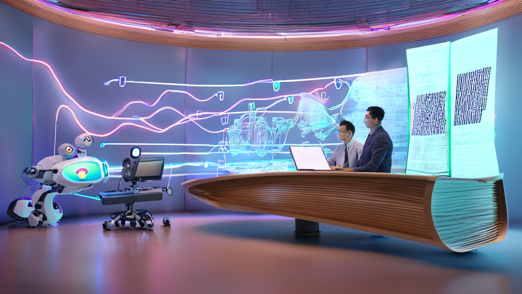 In a futuristic office, an entrepreneur uses AI technology to optimize email marketing and improve response rates