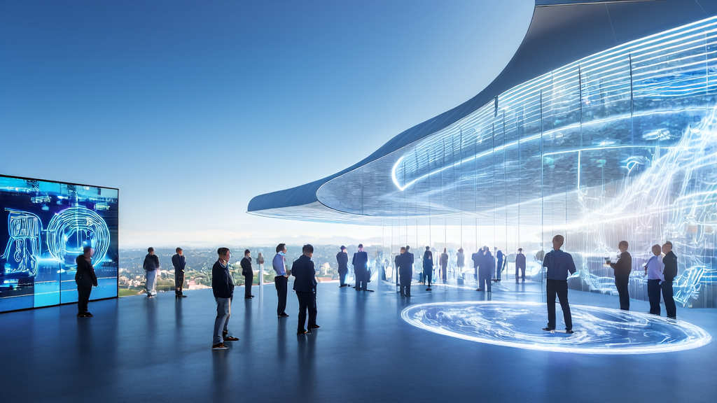 阳光下的科技园区展示最新AI客户预测模型，工程师和企业家共同探讨跨境电商增长策略。