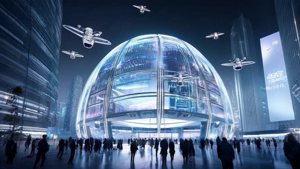 A futuristic city scene showcasing AI-driven efficient customer acquisition cost optimization and strategy analysis