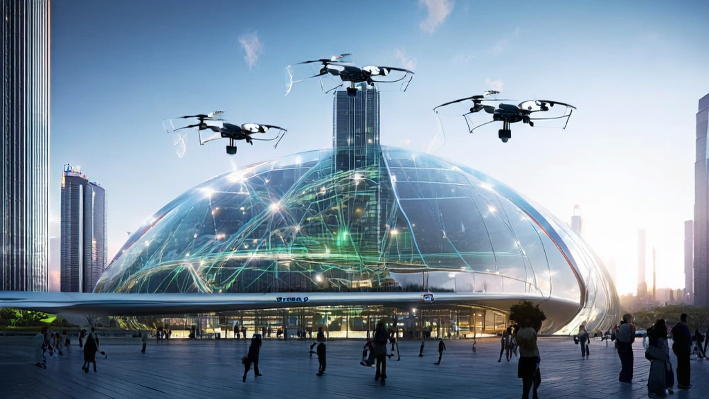 People in a futuristic city interacting with CloudWalk's multimodal large model using smart devices, experiencing AI-driven marketing innovations