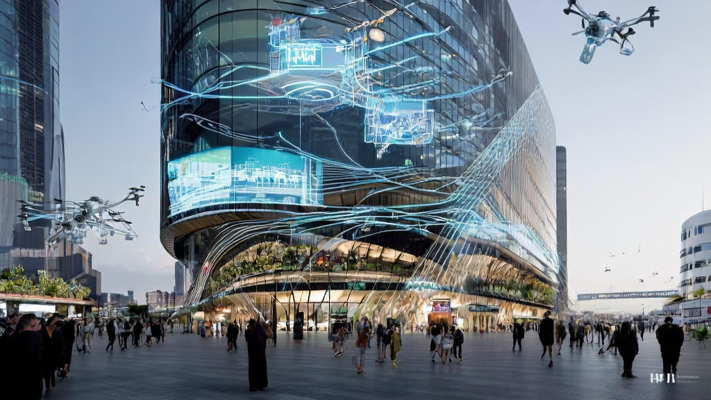 AI-driven cross-border e-commerce and multilingual marketing in a futuristic city, showcasing new trends in global customer acquisition.