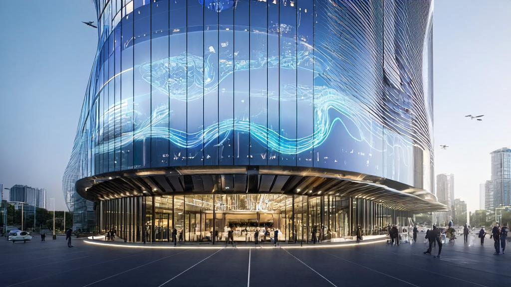 A futuristic city scene showcasing AI-driven global acquisition with multilingual content generation and smart marketing technologies