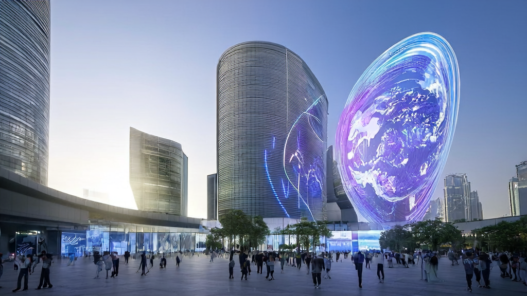 A modern cross-border e-commerce office building in a futuristic city, showcasing AI technology applications for breaking growth bottlenecks in 2025.