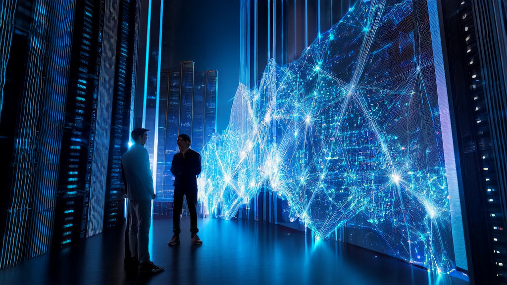 A data scientist in a futuristic city using AI customer prediction models to optimize email marketing strategies