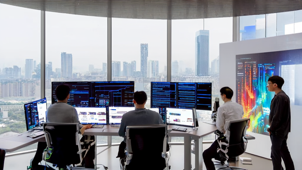 In a modern office, programmers are discussing AI-driven high-conversion email marketing strategies, with a display cabinet showcasing the latest AI agent model developed by SJTU and SII.