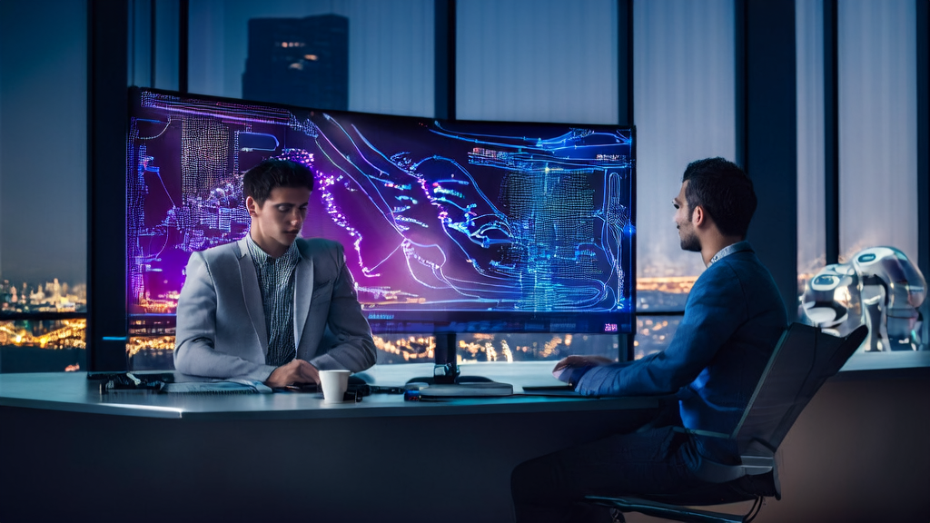 A young entrepreneur analyzing AI-driven customer service and email marketing strategies in a high-tech office