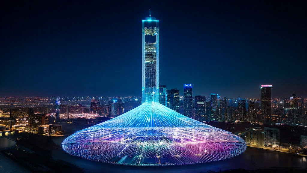 AI-driven marketing system in a futuristic city, highlighting SenseTime's Seko platform for efficient video creation