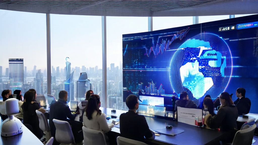 A modern office scene showcasing AI technology optimizing international marketing effectiveness