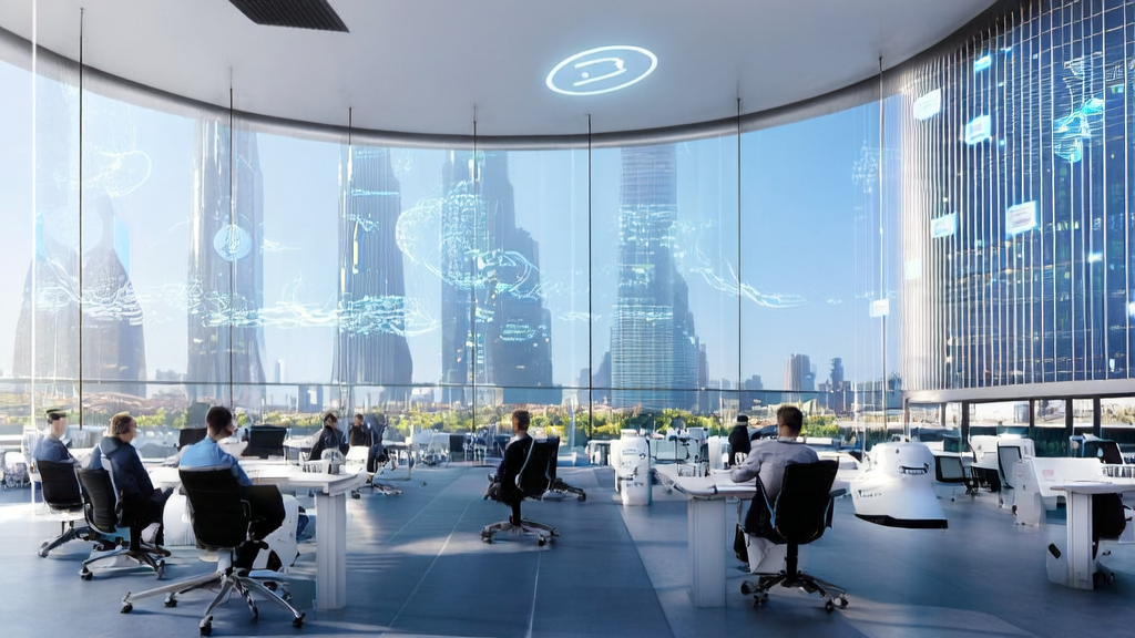 In a futuristic office, AI robots collaborate with human employees to perform keyword optimization and multilingual content generation