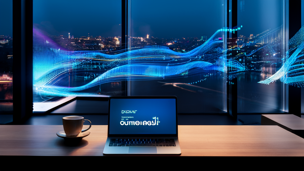 现代化独立站办公室中，屏幕上显示着GPT-5.2和不断变化的关键词分析数据，背景是城市夜景。