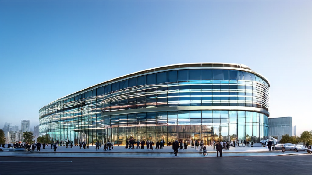 A modern independent station office building in a futuristic city where entrepreneurs use AI technology for keyword optimization to boost website traffic and conversion rates