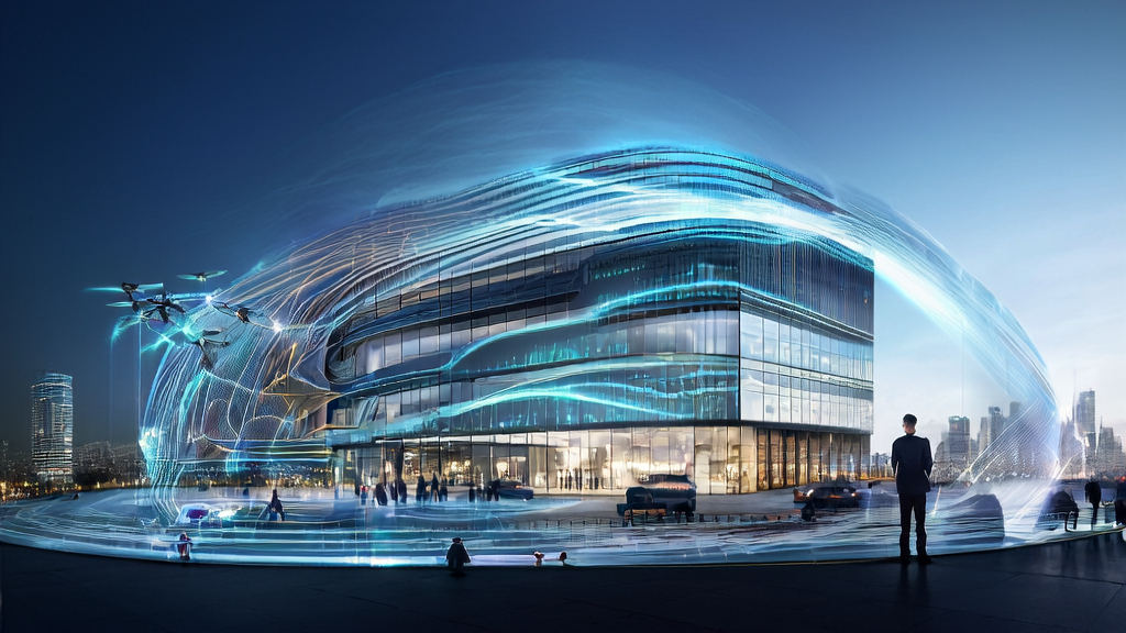 Entrepreneur using AI prediction models to screen high-quality leads in a futuristic cityscape