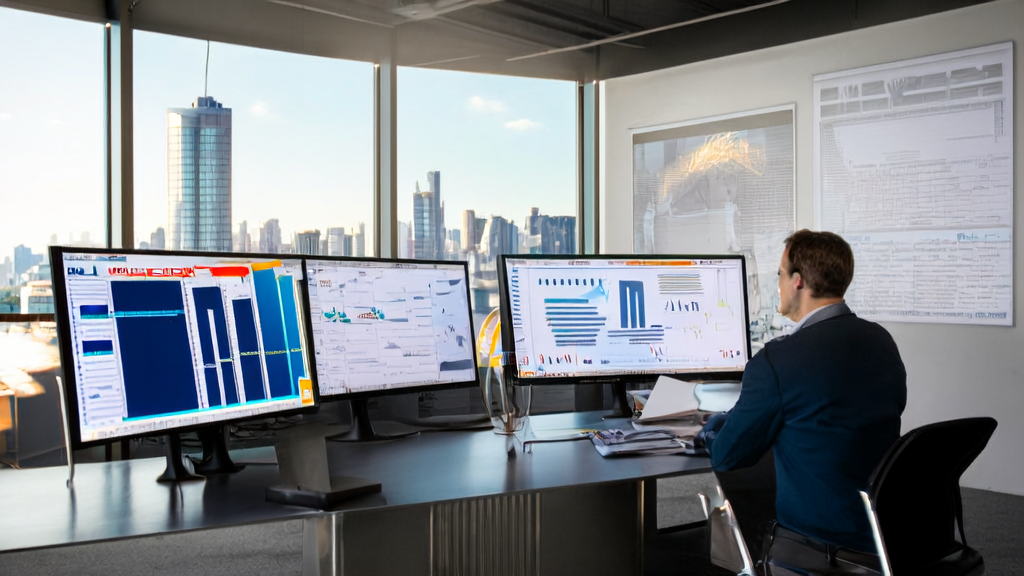 AI-driven lead generation: Optimizing email sending time to boost conversion rates, showcasing a busy modern office scene with data analysis and email marketing strategy discussions.