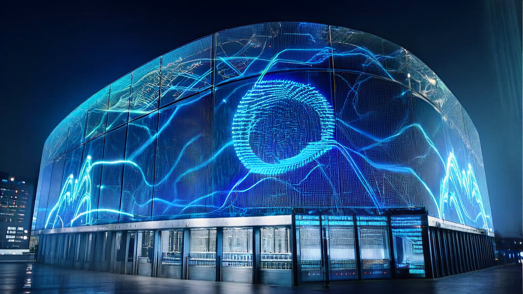 A high-tech data center in a modern industrial city showcasing manufacturing customs data analysis and the Dabaos big model application, with the Volcano Engine logo shining prominently.