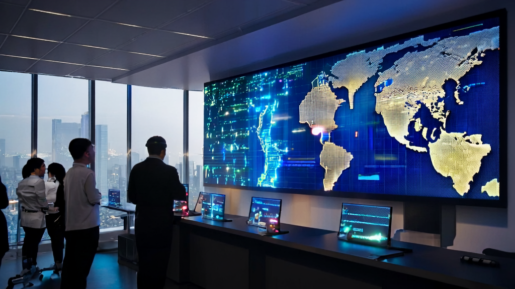 In a modern office, employees use AI technology for personalized email marketing, with a world map marking global clients on the wall, and an intelligent robot providing assistance.