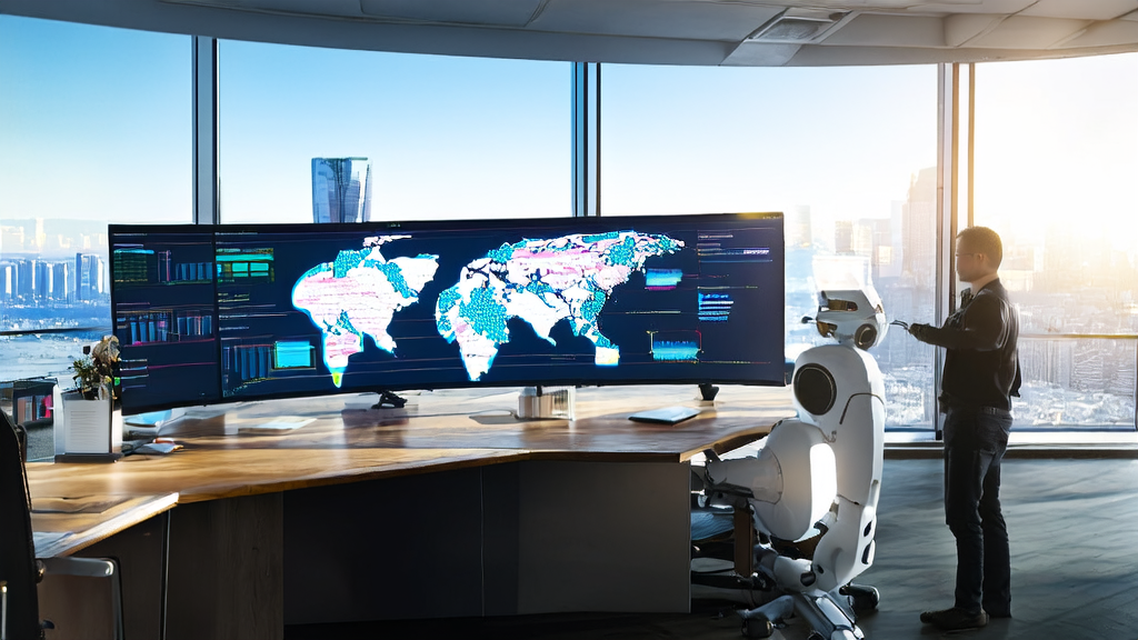 AI-driven marketing and brand protection: Employees in a modern office utilizing AI technology for data analysis and email marketing