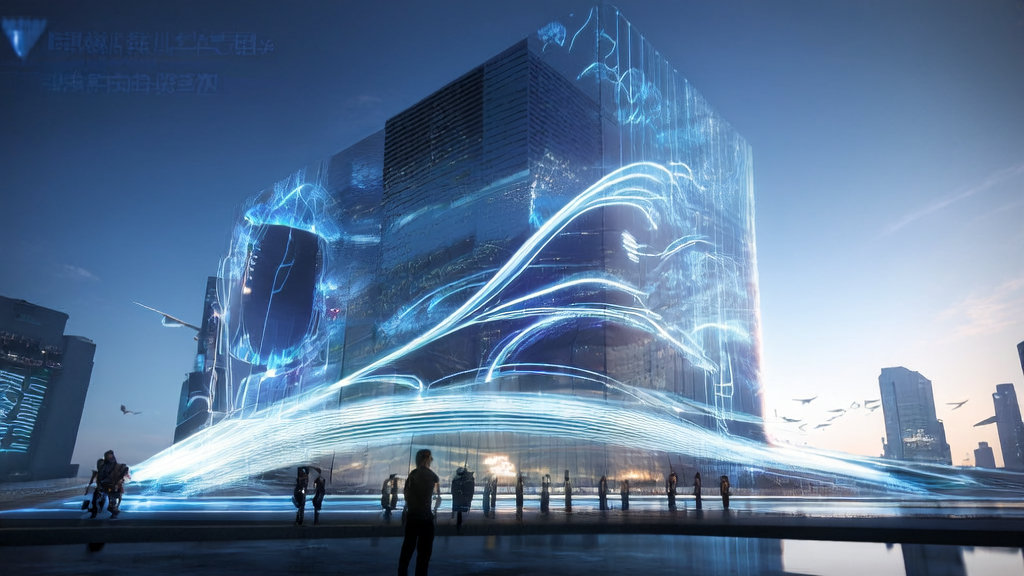 Inside a transparent glass building in a futuristic city, a digital human is conducting a virtual live stream to showcase the latest AI marketing solutions.