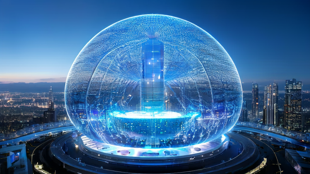 A futuristic city lab showcasing the satellite model of Google's "Sun Catcher Plan," highlighting the significance of AI technology in cross-border e-commerce.