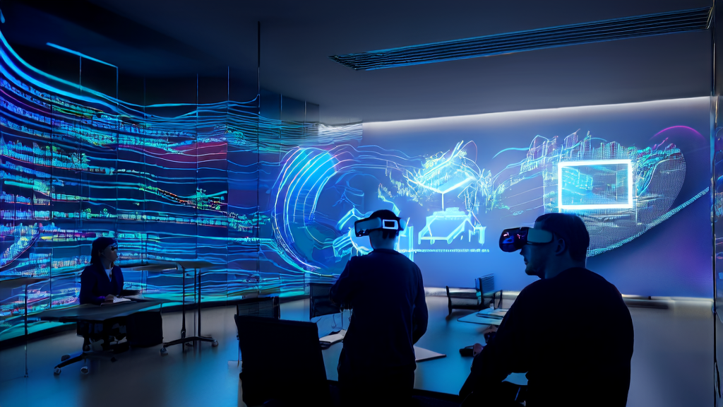 An AI-driven marketing office showcasing data analysis and smart device interaction, with the Fiverr logo and data flow lines in the background
