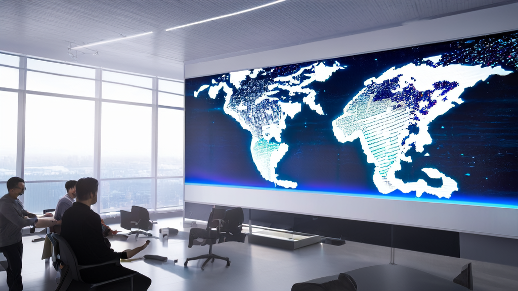 In a modern office, a marketing team gathers around a smart display to discuss the application of 360's intelligent entity platform, with a world map and data points in the background.
