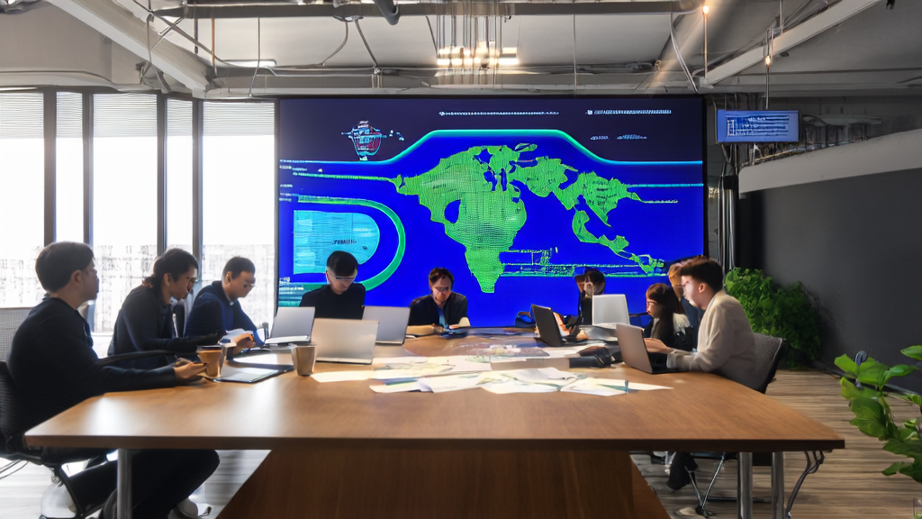 现代化办公室内的团队正在讨论AI驱动的外贸营销策略，背景墙上的屏幕展示了全球市场和多语言营销内容的流动。