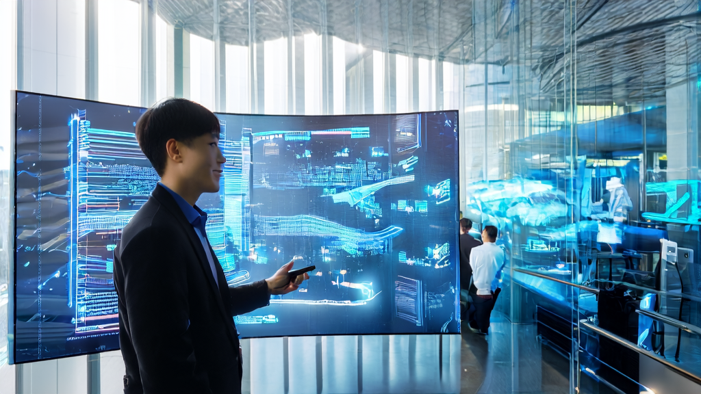 Future office showcasing AI-driven content marketing system, highlighting the importance of AI in global infrastructure