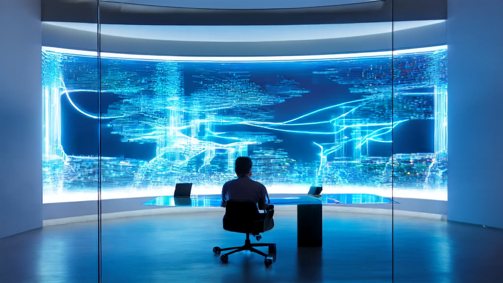 A young entrepreneur in a futuristic office using AI technology for personalized email marketing and video generation