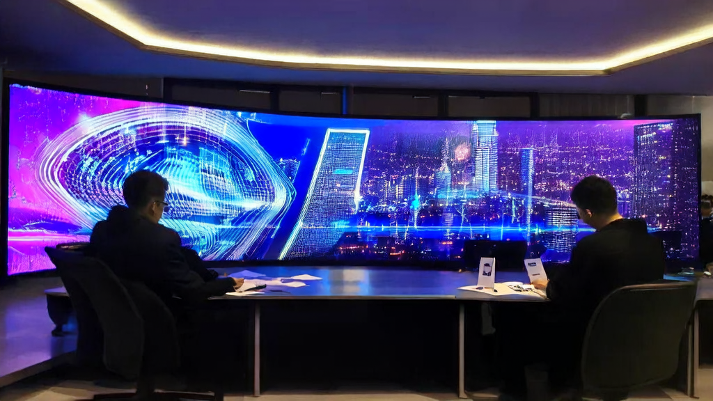 工程师们在现代化办公室中探讨基于AI的高转化邮件策略，背景是繁华的城市夜景