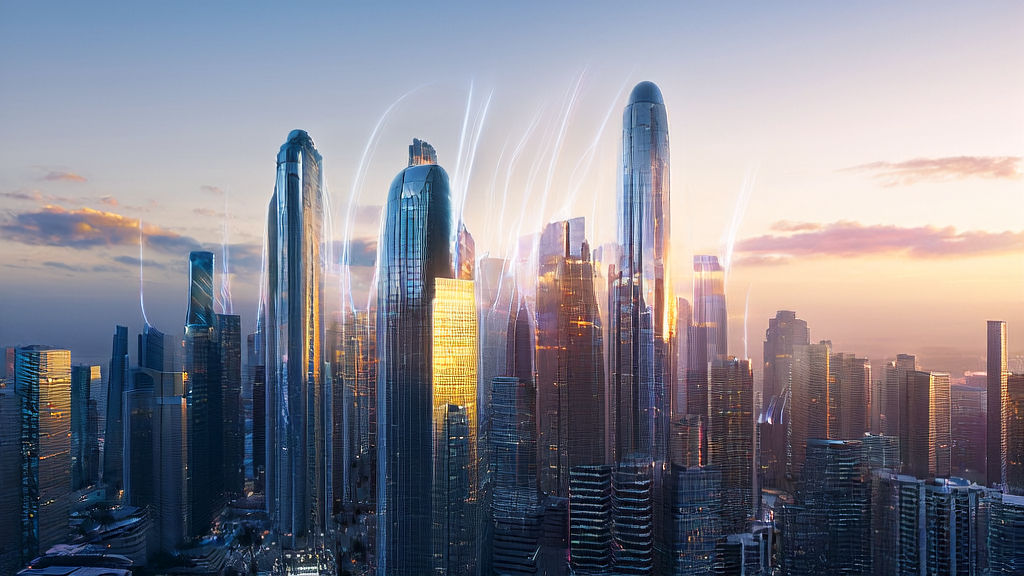 未来城市中，AI机器人在高楼间发送个性化邮件，象征跨境电商通过AI技术实现精准获客。