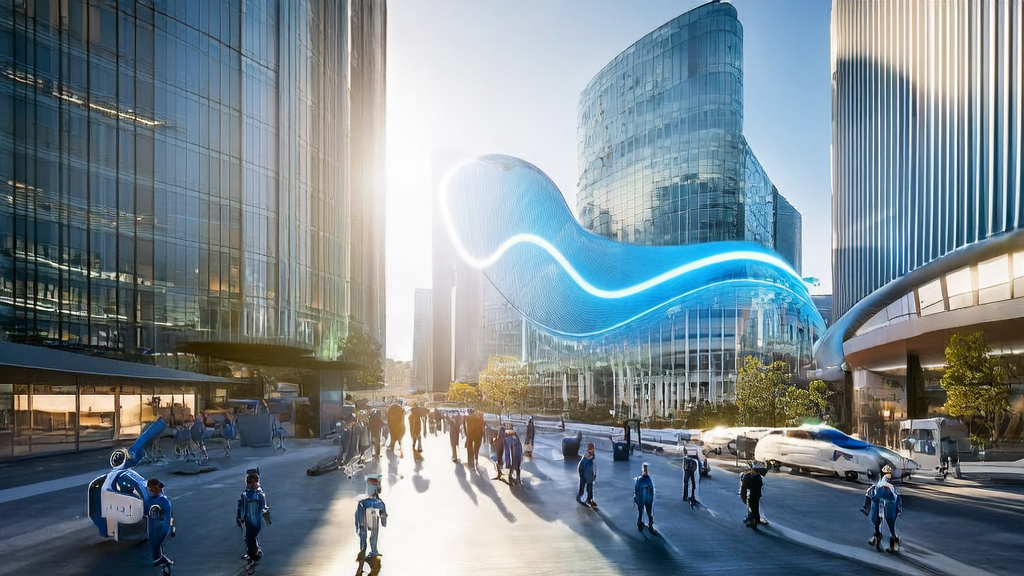 未来城市中，跨境电商公司员工讨论AI驱动的营销方案，大楼屏幕上展示“千问 App”。