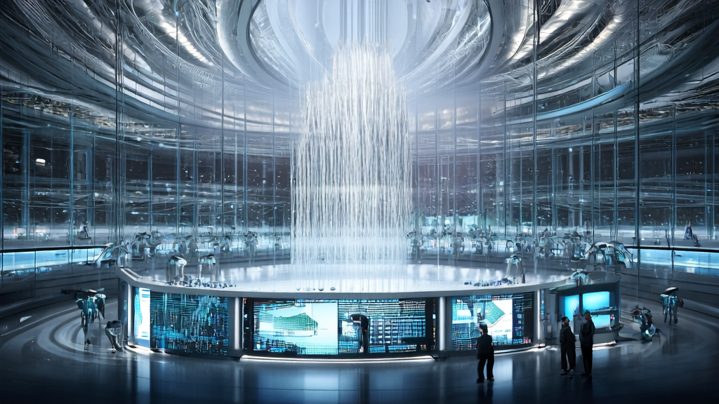 AI marketing control center in a futuristic city, showcasing new trends in precise customer acquisition and email marketing