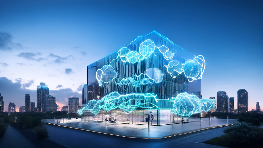 未来城市的高科技建筑中，营销人员通过AI Builder实现个性化营销和客户数据分析