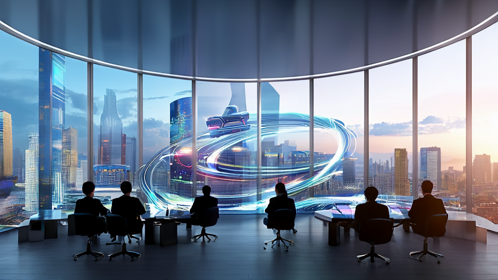 AI-driven marketing team discussing customer acquisition strategies in a futuristic cityscape
