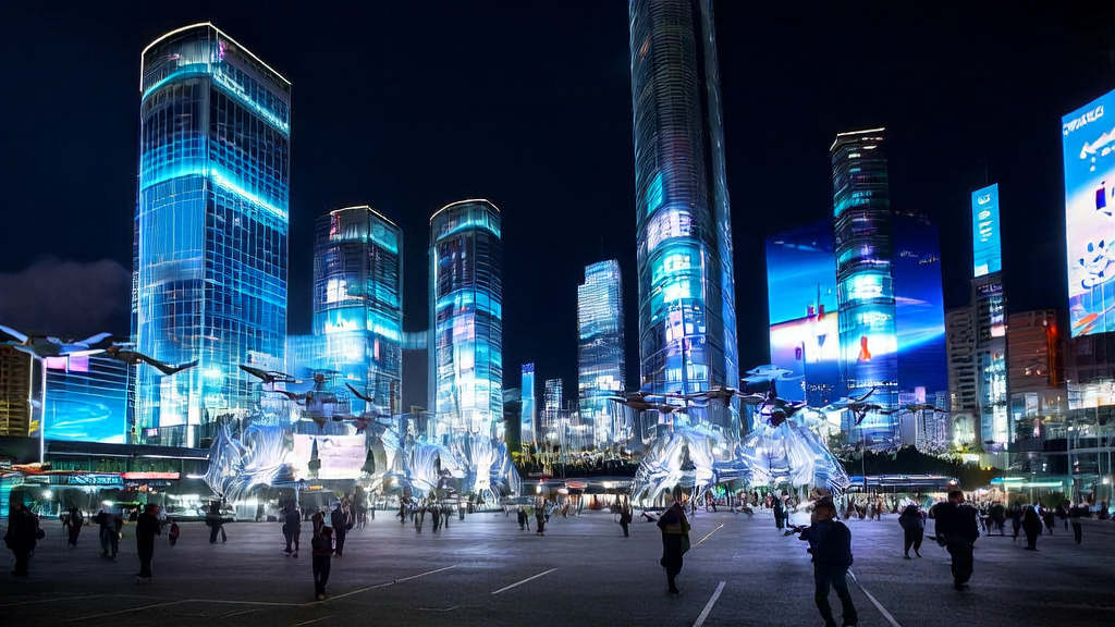 In the night city, a company is researching AI-driven marketing solutions with drones and smart billboards showcasing future marketing methods.