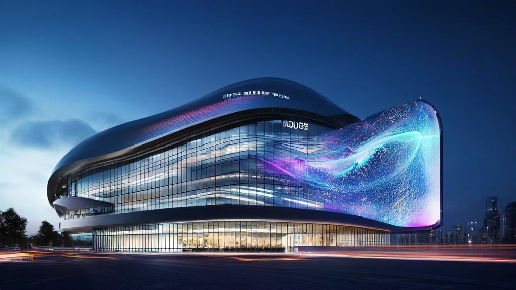 未来城市的高科技办公楼内，工作人员使用AI工具优化邮件营销策略，并展示Snapchat的“Imagine Lens”创意内容。