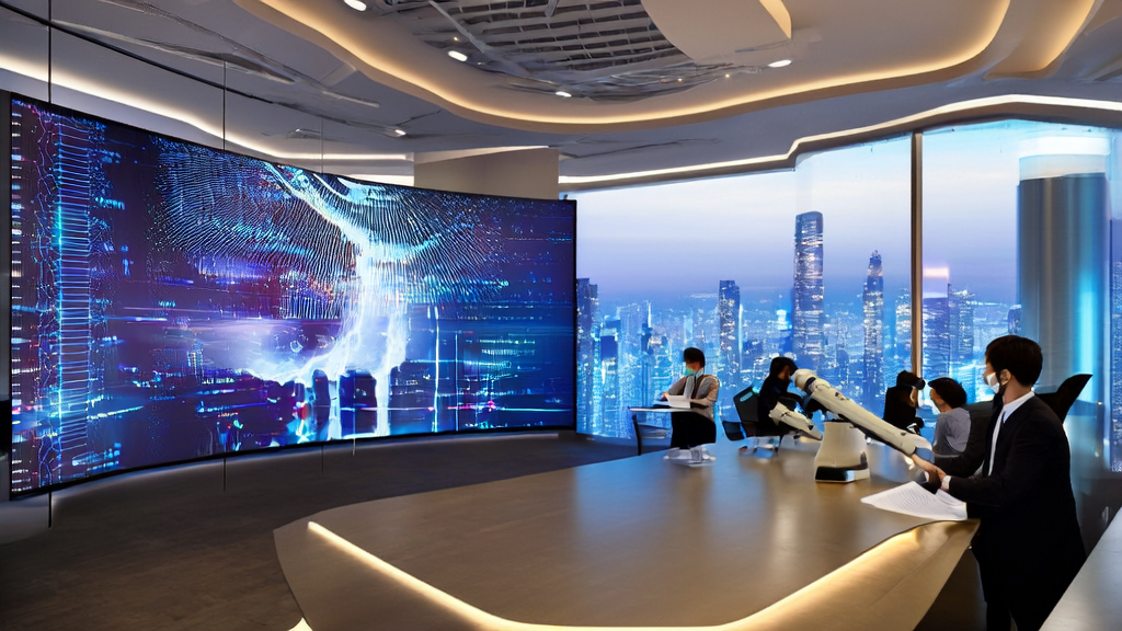 Employees collaborating with AI systems to process emails and analyze customer data in a futuristic office