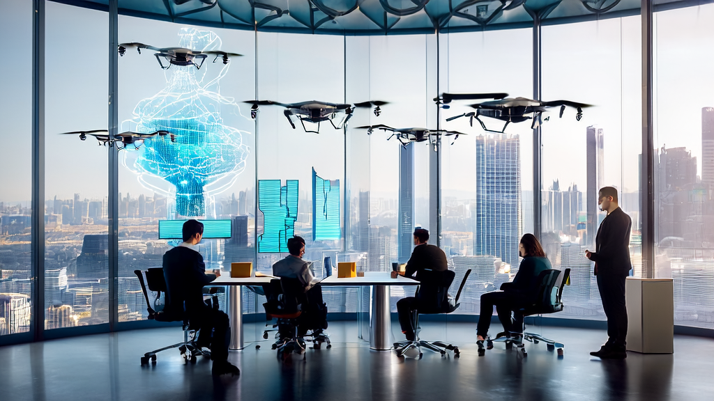 AI-driven marketing innovation hub in a futuristic city