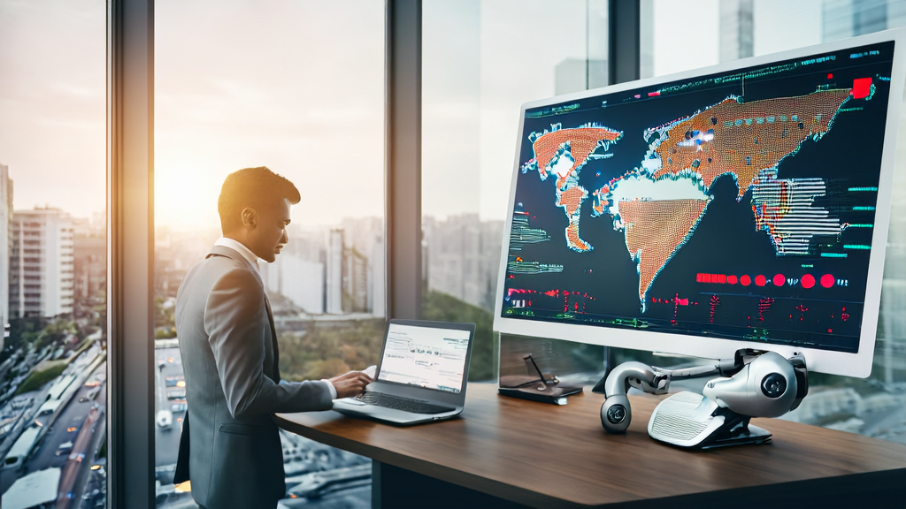 阳光照耀下的现代化办公室内，创业者利用AI技术进行全球市场拓展和数据分析