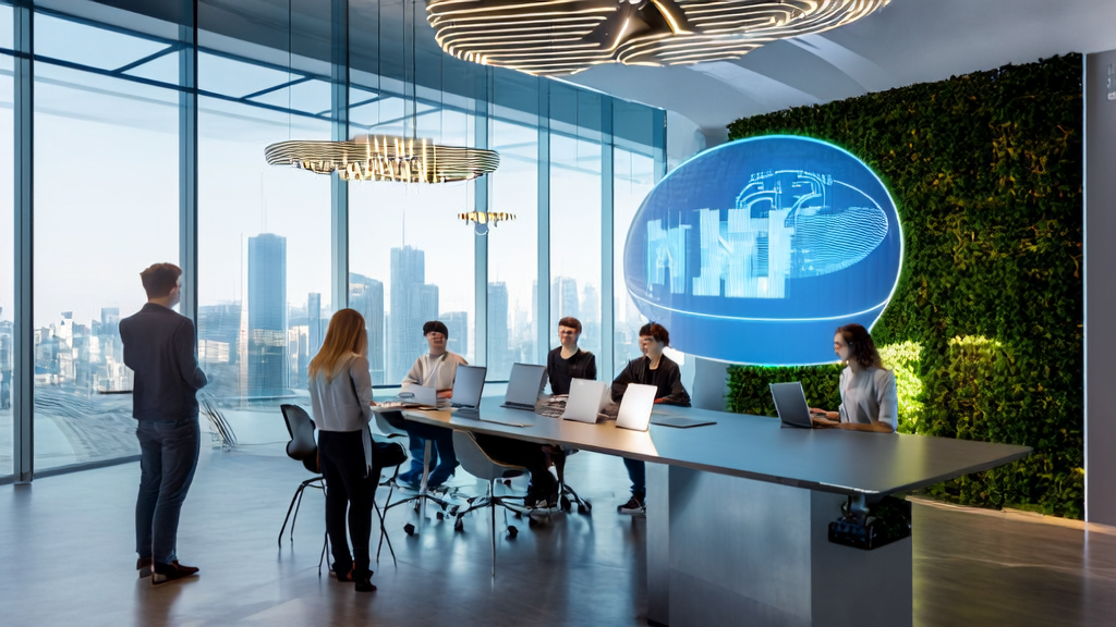 Team in a modern office using AI technology for efficient customer acquisition