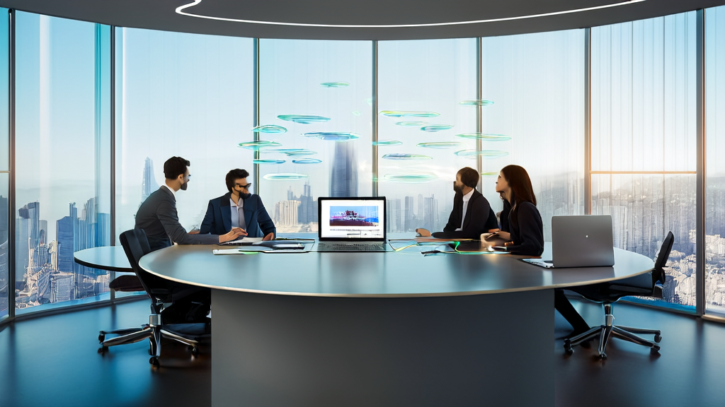 Marketing experts in a futuristic office utilizing AI technology to enhance customer acquisition efficiency