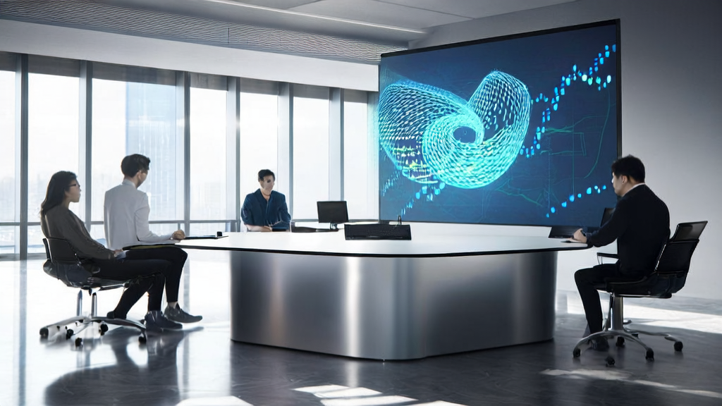 AI-driven marketing innovation: Office meeting scene showcasing customer acquisition solutions
