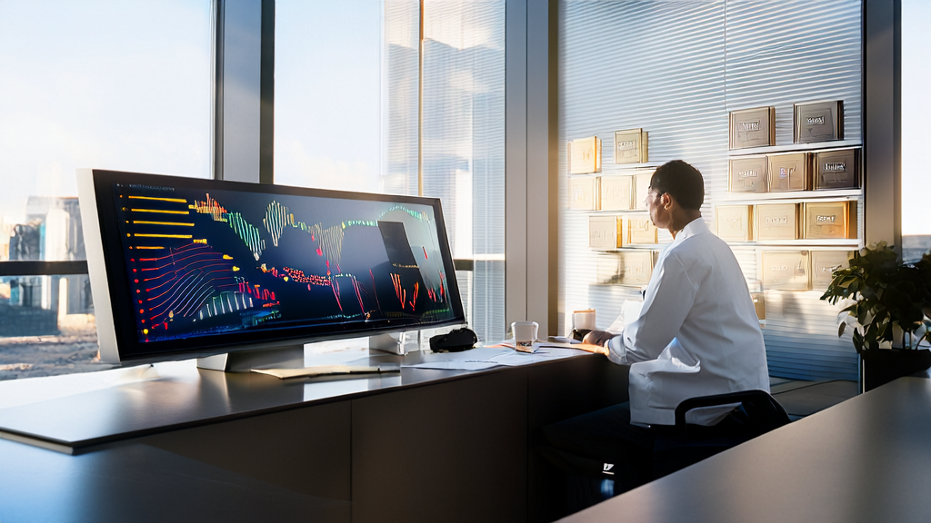 A modern office bathed in sunlight, where a scientist is analyzing AI-driven customer data collection results, with pharmaceutical industry awards in the background and an email about high-conversion marketing strategies on the desk.