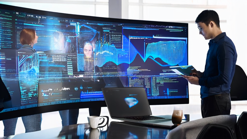 Marketing team in a modern office using AI customer acquisition system for data analysis and personalized email marketing strategy discussion