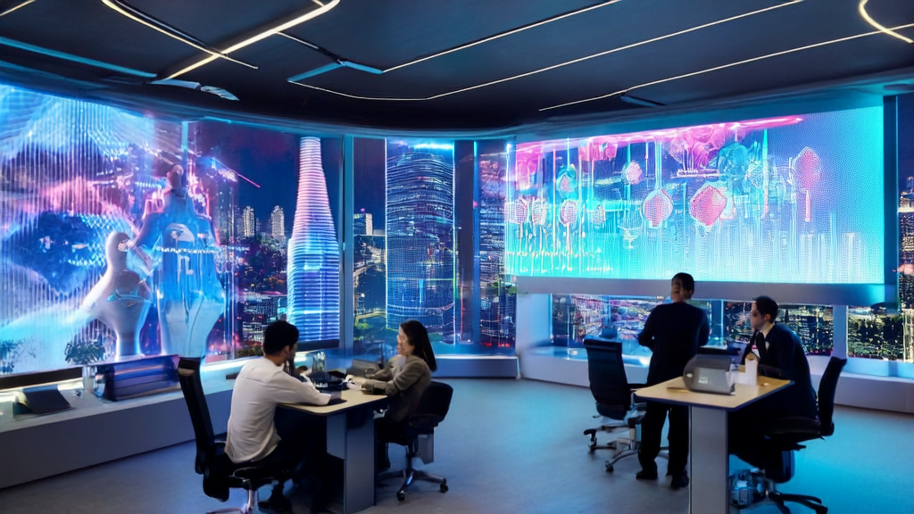 Employees interacting with AI assistants in a futuristic office, showcasing AI-driven content marketing and data analysis