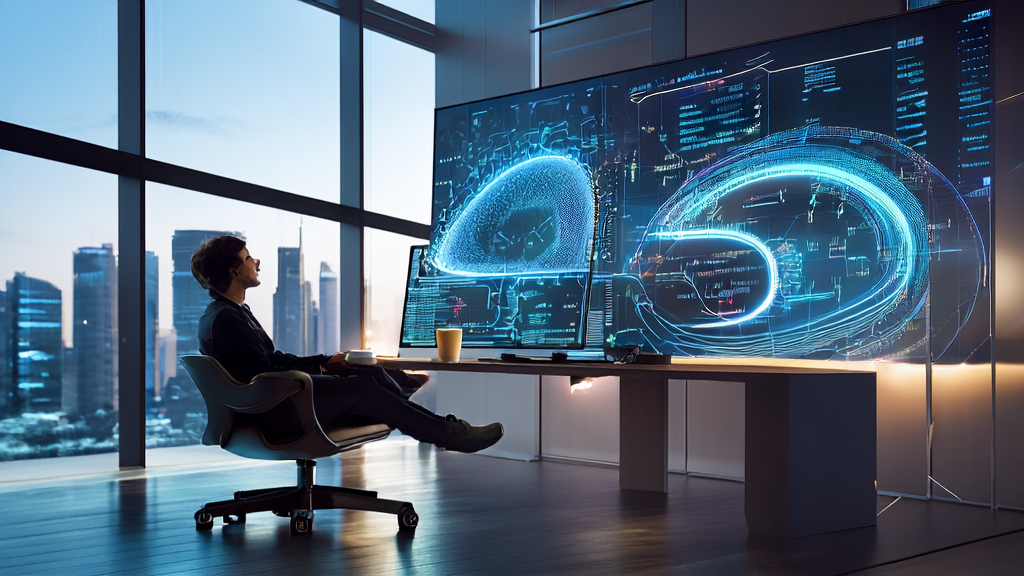 A creative director working in a high-tech office, utilizing AI for customer data collection and email marketing strategy analysis.